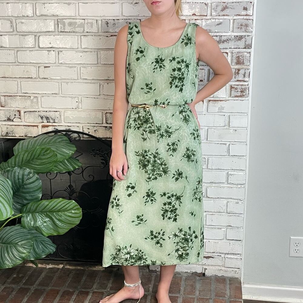 Vintage 90s Karin Stevens Petite Green Floral Sleeveless Side Slit Maxi Dress